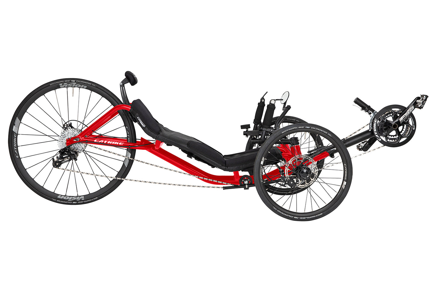 Side view of the Catike 700 Recumbent Trike in Lava Red against a white background.