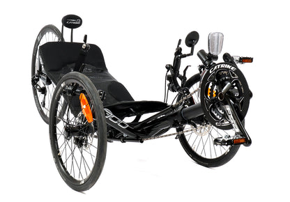 Front angled view of the Catike 700 Recumbent Trike in Liquid Black against a white background.