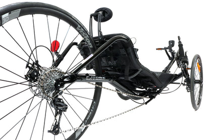 Back angled view of the Catike 700 Recumbent Trike in Liquid Black against a white background.