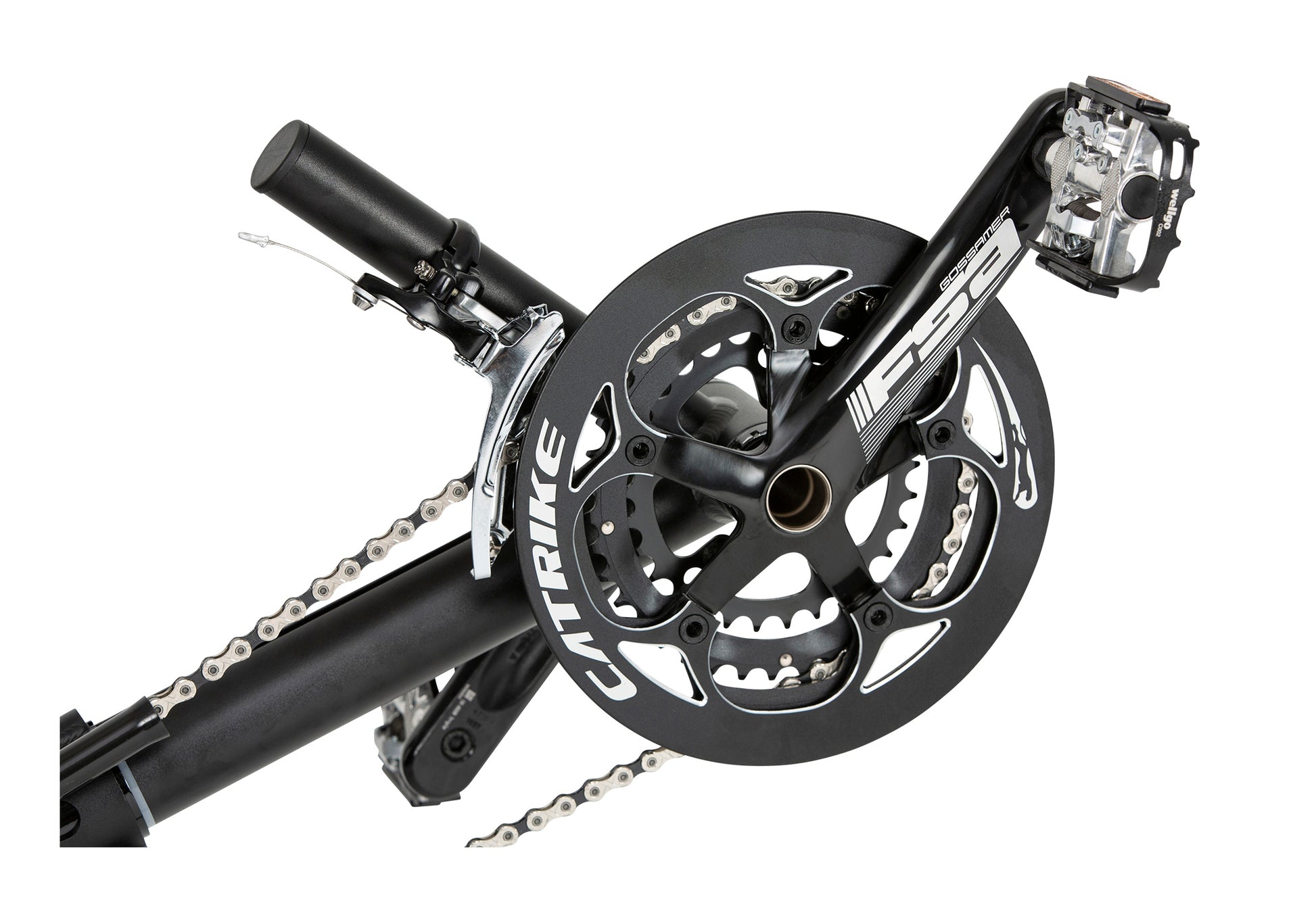 Closeup view of the crankset and boom on the Catike 700 Recumbent Trike in Liquid Black against a white background.