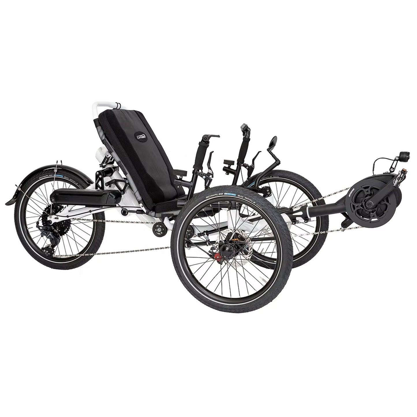 Angled view of the Catrike All Road eCat with Bosch BES3 Recumbent Trike in Star White against a white background.