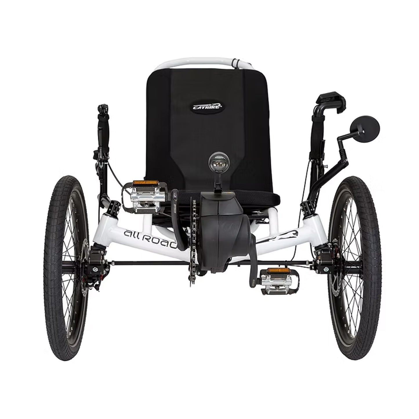 Front view of the Catrike All Road eCat with Bosch BES3 Recumbent Trike in Star White against a white background.