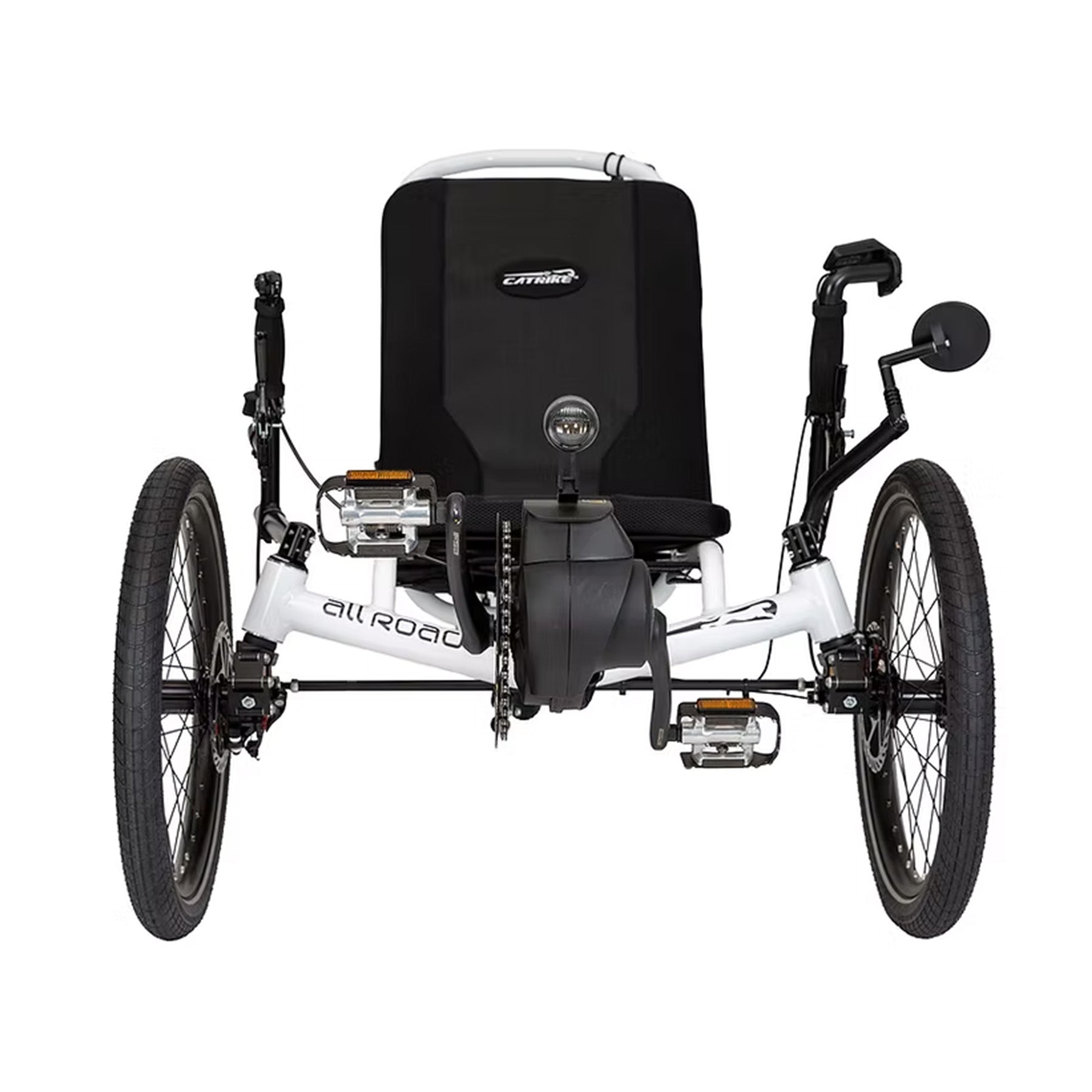 Front view of the Catrike All Road eCat with Bosch BES3 Recumbent Trike in Star White against a white background.