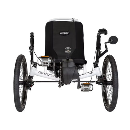 Front view of the Catrike All Road eCat with Bosch BES3 Recumbent Trike in Star White against a white background.