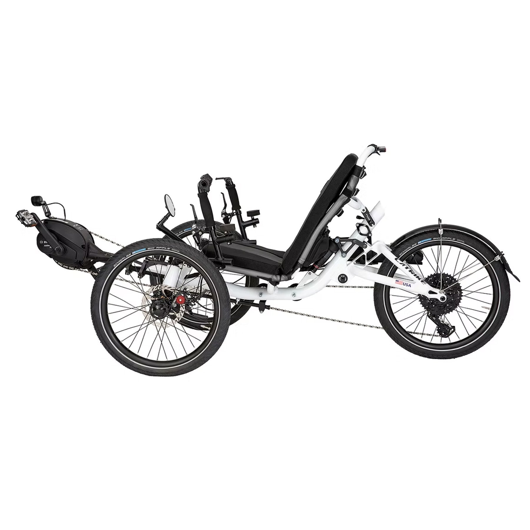 Non-drive side view of the Catrike All Road eCat with Bosch BES3 Recumbent Trike in Star White against a white background.