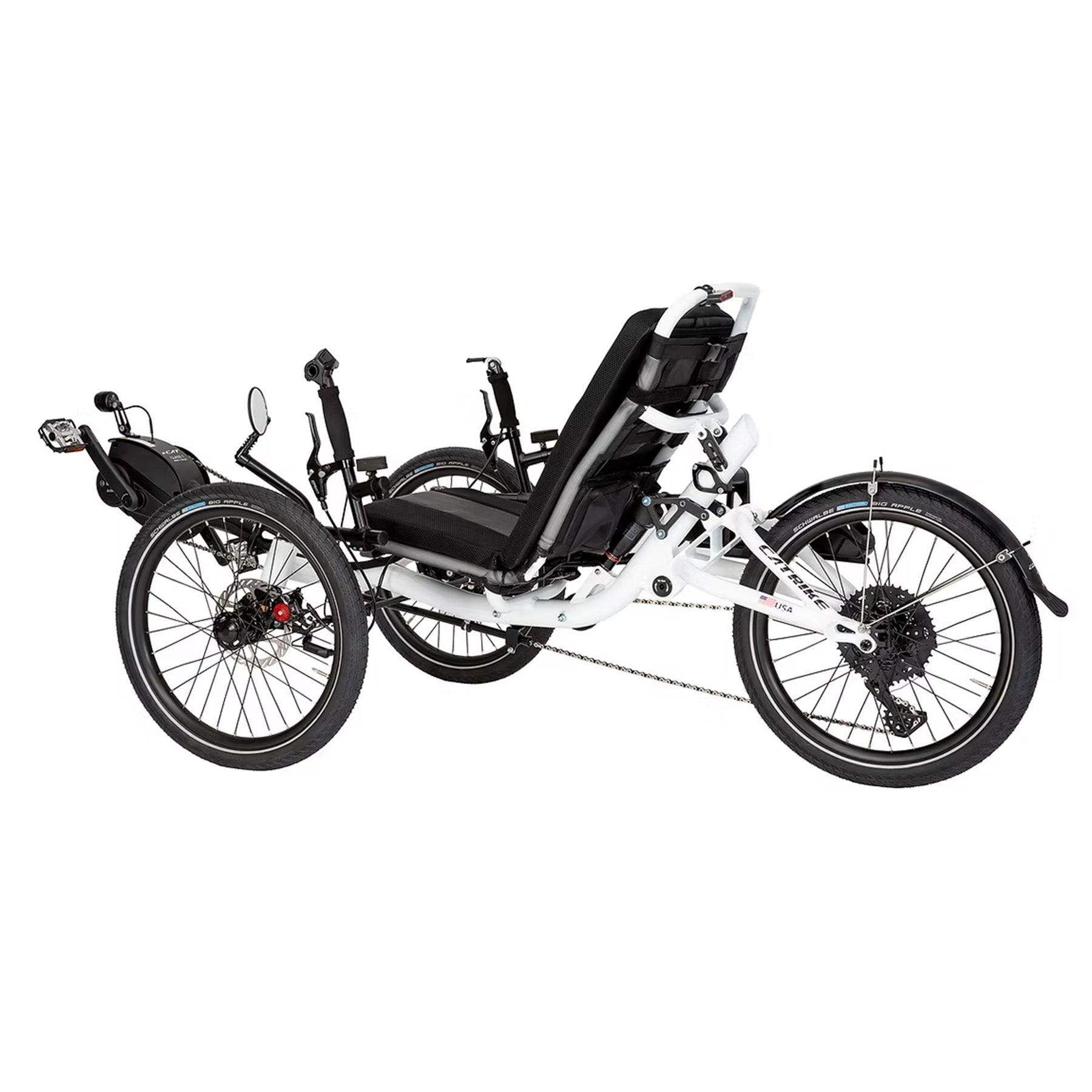 Angled non-drive side view of the Catrike All Road eCat with Bosch BES3 Recumbent Trike in Star White against a white background.