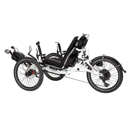 Angled non-drive side view of the Catrike All Road eCat with Bosch BES3 Recumbent Trike in Star White against a white background.