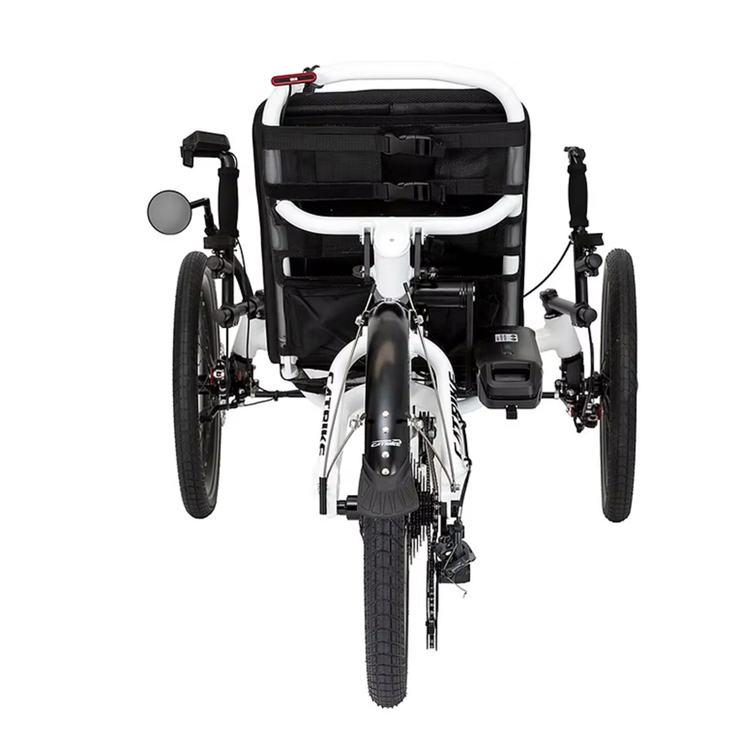 Rear view of the Catrike All Road eCat with Bosch BES3 Recumbent Trike in Star White against a white background.