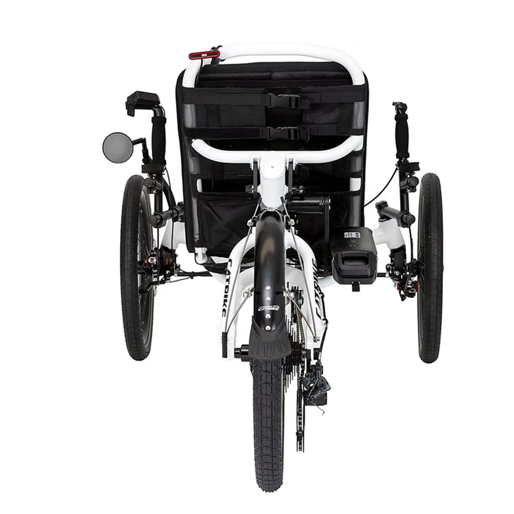 Rear view of the Catrike All Road eCat with Bosch BES3 Recumbent Trike in Star White against a white background.