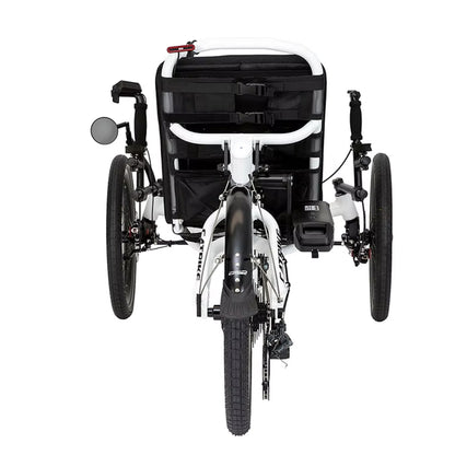 Rear view of the Catrike All Road eCat with Bosch BES3 Recumbent Trike in Star White against a white background.