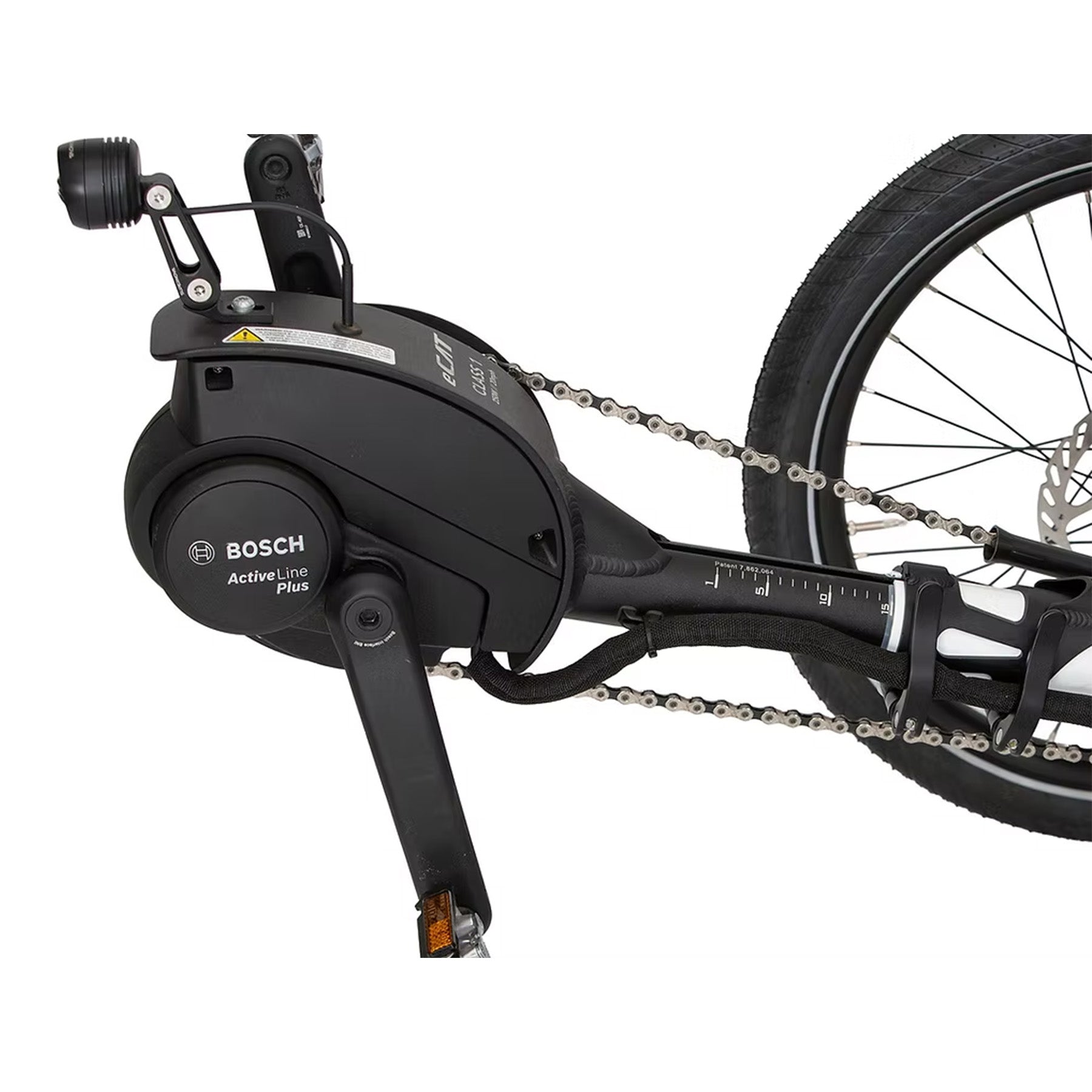 View of the e-assist motor and cranks on the Catrike All Road eCat with Bosch BES3 Recumbent Trike in Star White against a white background.