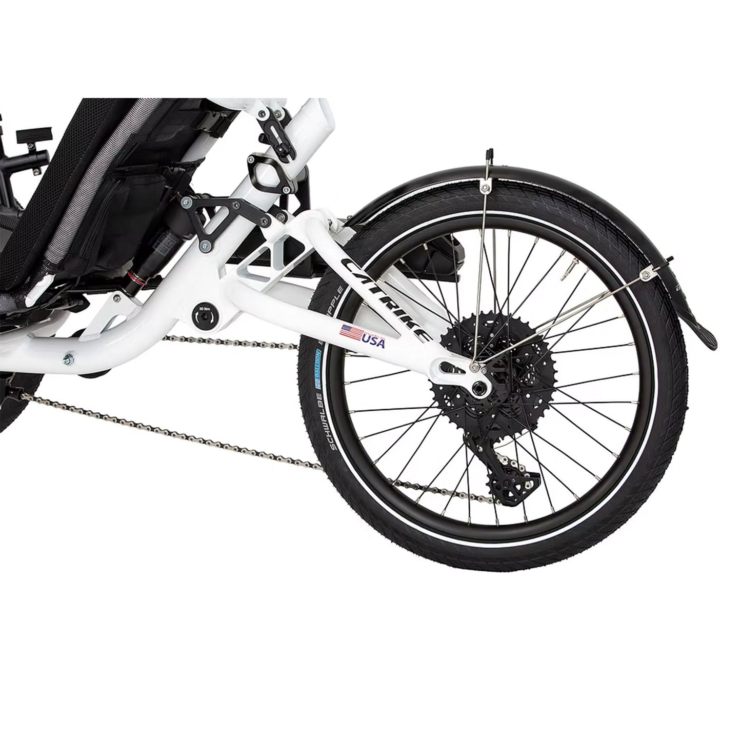 Closeup back view of the Catrike All Road eCat with Bosch BES3 Recumbent Trike in Star White against a white background.