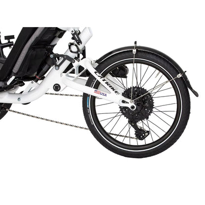 Closeup back view of the Catrike All Road eCat with Bosch BES3 Recumbent Trike in Star White against a white background.
