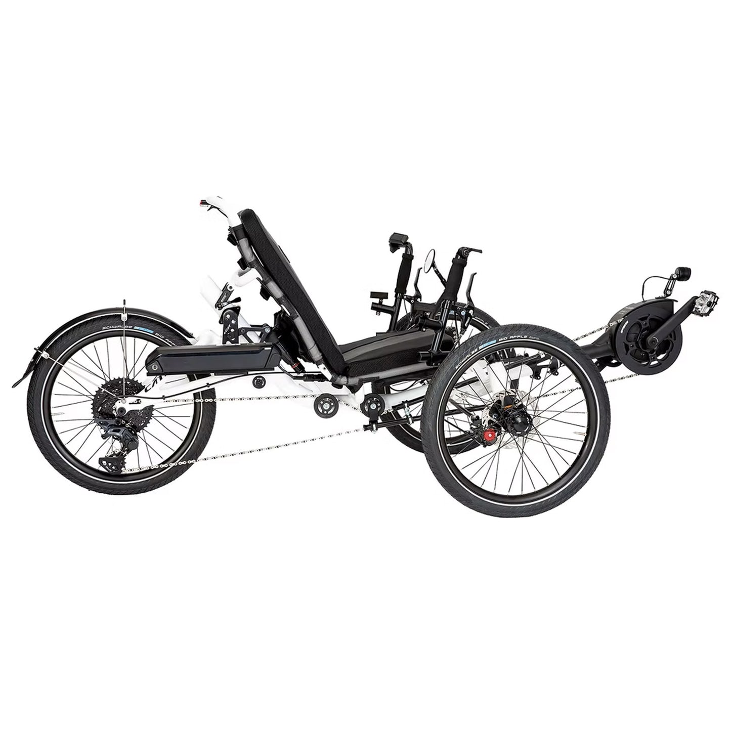 Side view of the Catrike All Road eCat with Bosch BES3 Recumbent Trike in Star White against a white background.