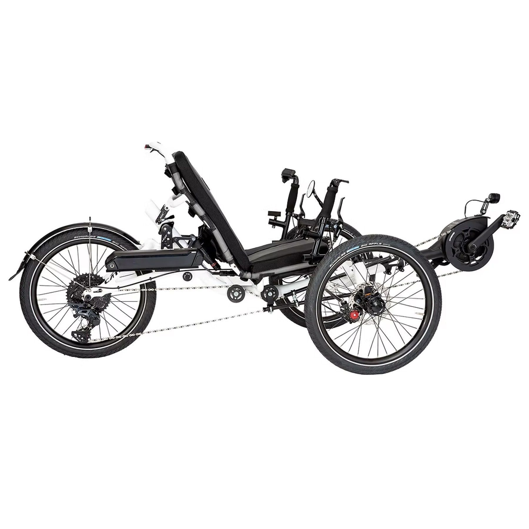 Side view of the Catrike All Road eCat with Bosch BES3 Recumbent Trike in Star White against a white background.