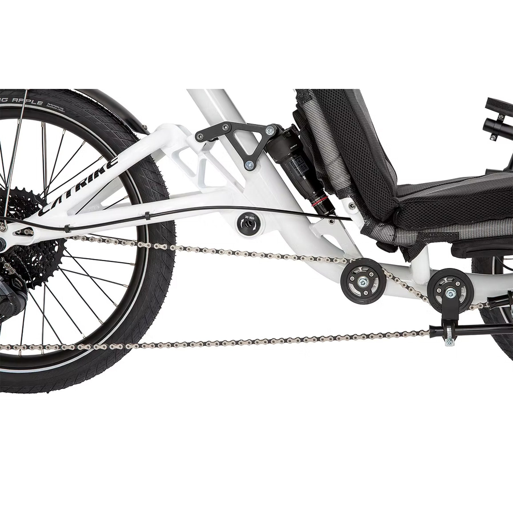 Closeup view of the rear shock on the Catrike All Road in Star White.