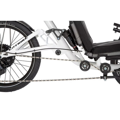 Closeup view of the rear shock on the Catrike All Road in Star White.