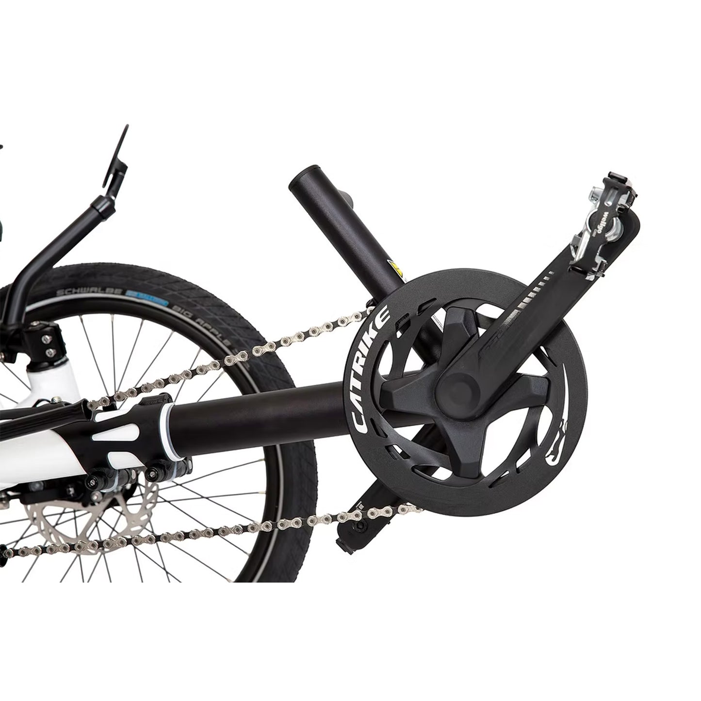 Closeup view of the crankset on the Catrike All Road in Star White.