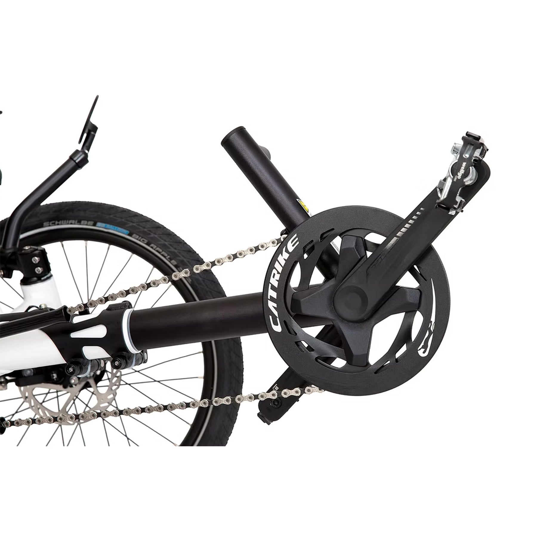 Closeup view of the crankset on the Catrike All Road in Star White.