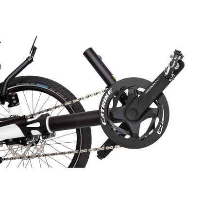 Closeup view of the crankset on the Catrike All Road in Star White.