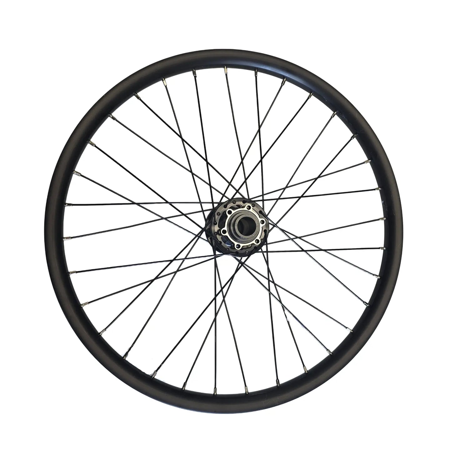 View of the disc side on the Catrike Black 20 Inch Front Wheel against a white background.