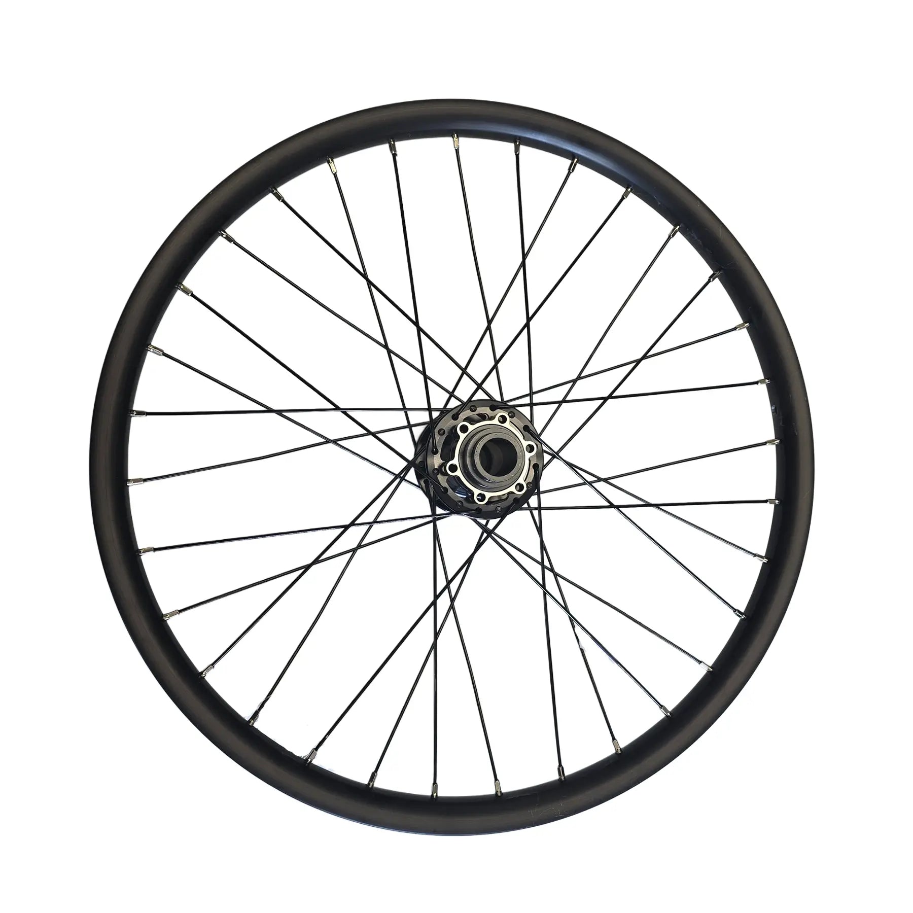View of the disc side on the Catrike Black 20 Inch Front Wheel against a white background.
