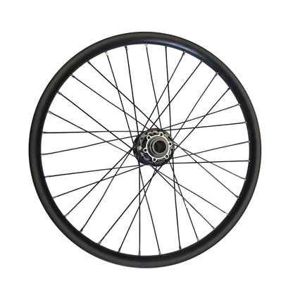 View of the disc side on the Catrike Black 20 Inch Front Wheel against a white background.