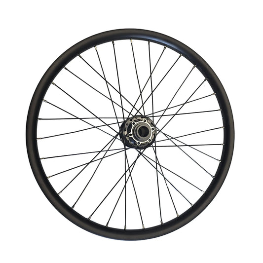 View of the disc side on the Catrike Black 20 Inch Front Wheel against a white background.
