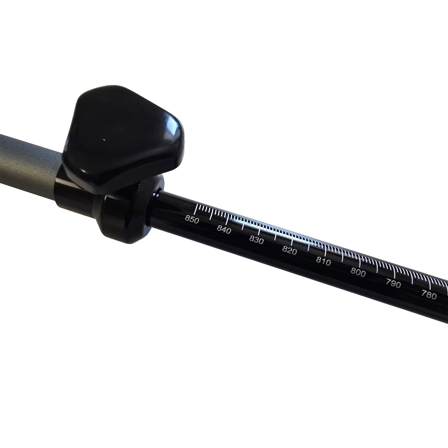 Closeup image of the adjustment knob and the black and white measuring device on the Catrike Calibro Tool against a white background.