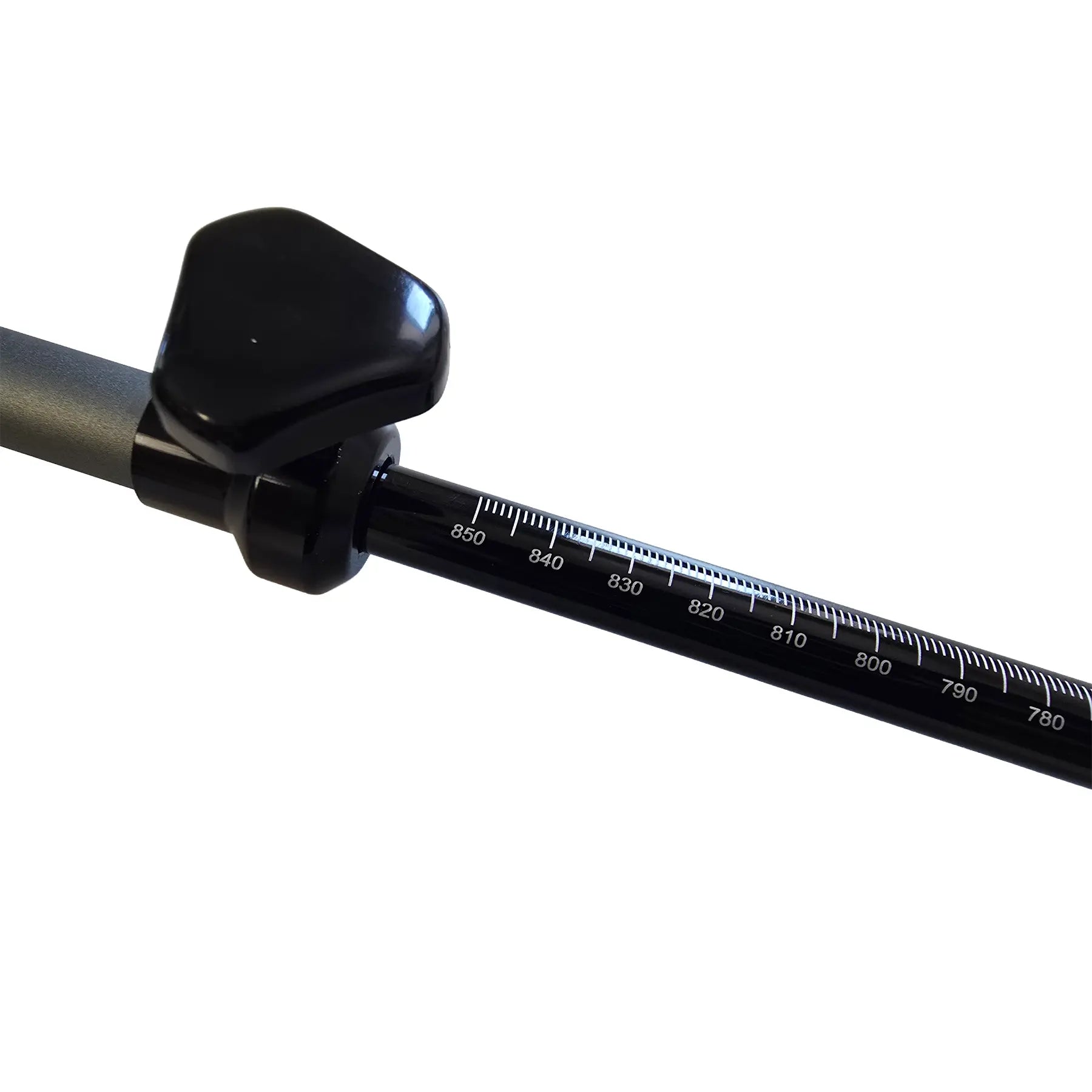 Closeup image of the adjustment knob and the black and white measuring device on the Catrike Calibro Tool against a white background.