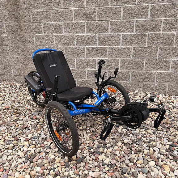 Angled view of the Catrike Demo All Road eCat with Bosch BES3 Electric Blue Recumbent Trike in an outdoor setting.