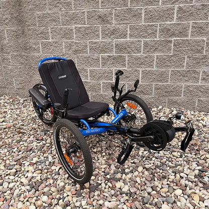 Angled view of the Catrike Demo All Road eCat with Bosch BES3 Electric Blue Recumbent Trike in an outdoor setting.