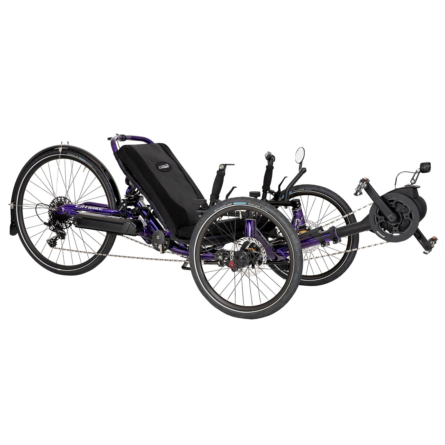 Front angled view of a Dumont e-Cat Recumbent Trike with Bosch BES3 e-assist in Candy Purple against a white background.