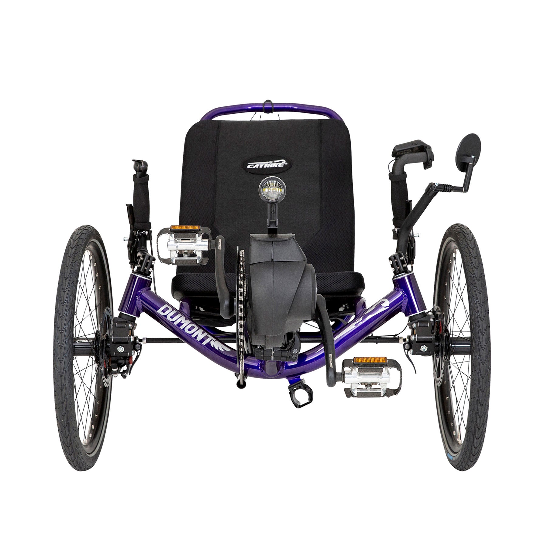 Front view of a Dumont e-Cat Recumbent Trike with Bosch BES3 e-assist in Candy Purple against a white background.