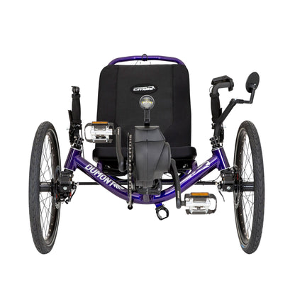 Front view of a Dumont e-Cat Recumbent Trike with Bosch BES3 e-assist in Candy Purple against a white background.