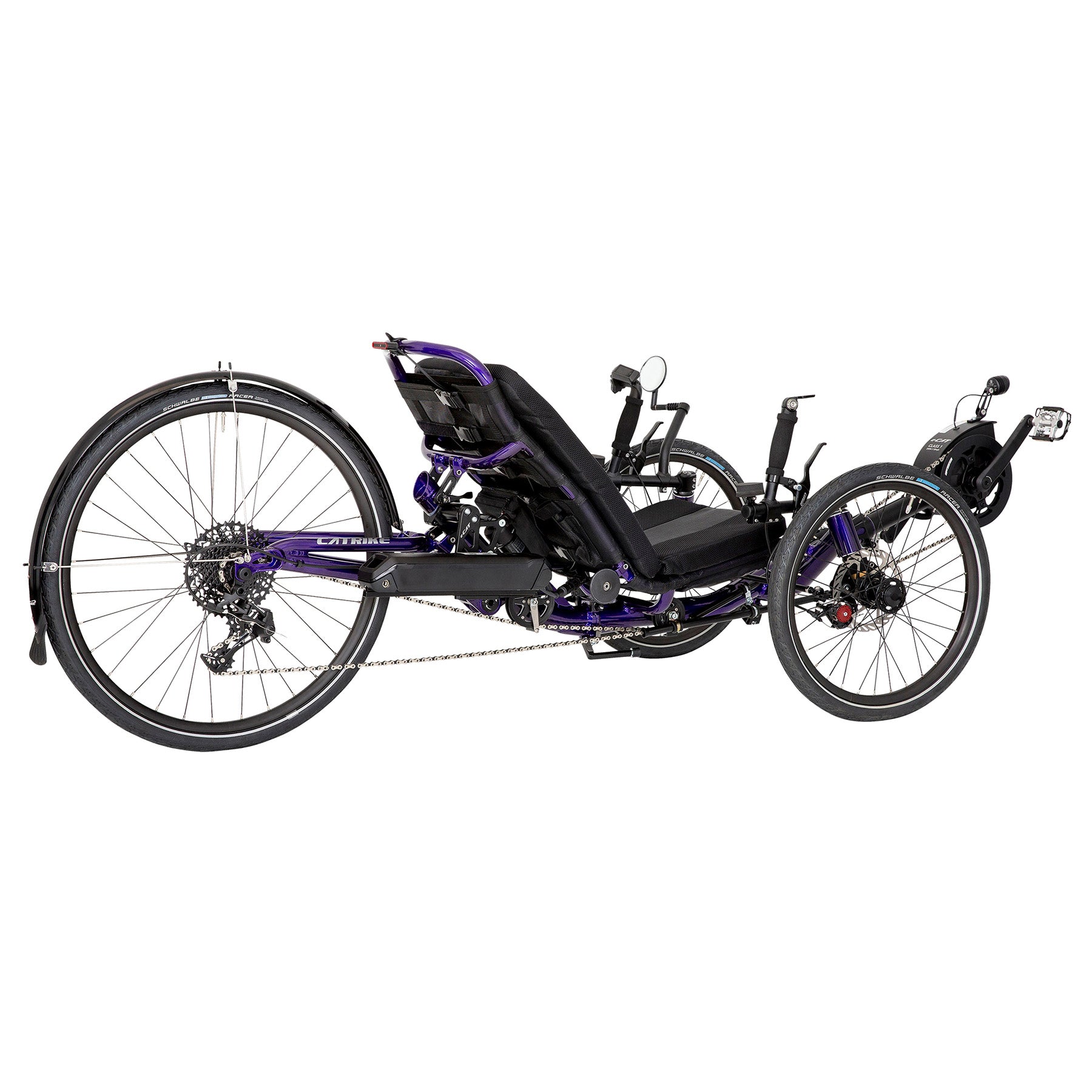 Rear angled view of a Dumont e-Cat Recumbent Trike with Bosch BES3 e-assist in Candy Purple against a white background.
