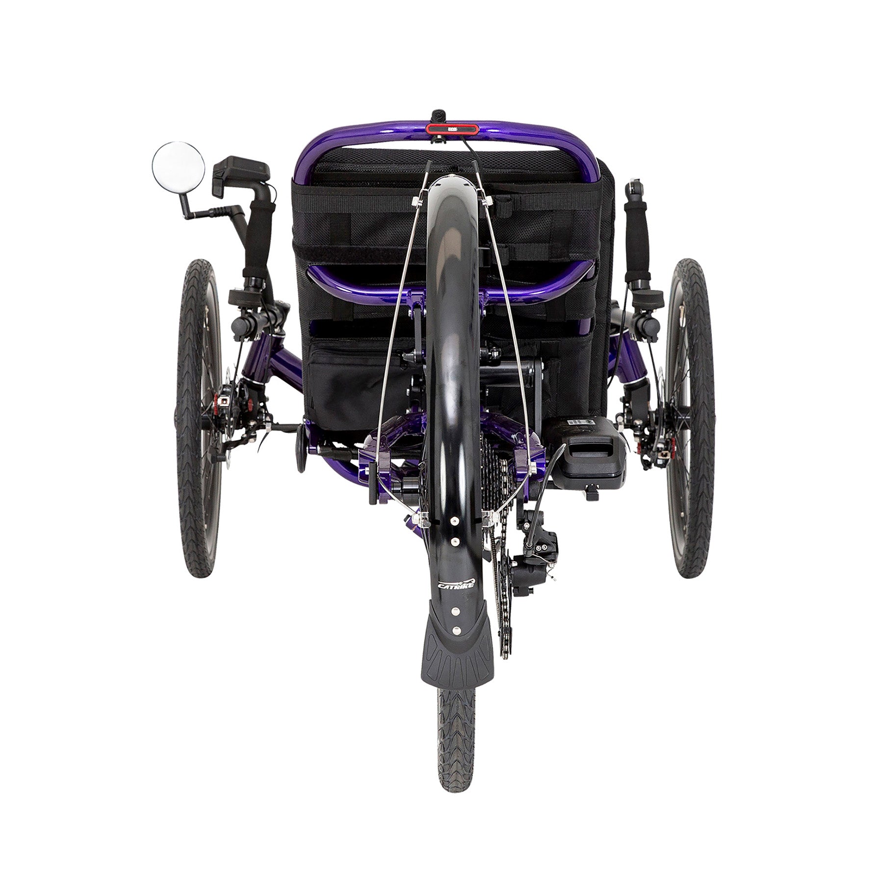 Rear view of a Dumont e-Cat Recumbent Trike with Bosch BES3 e-assist in Candy Purple against a white background.