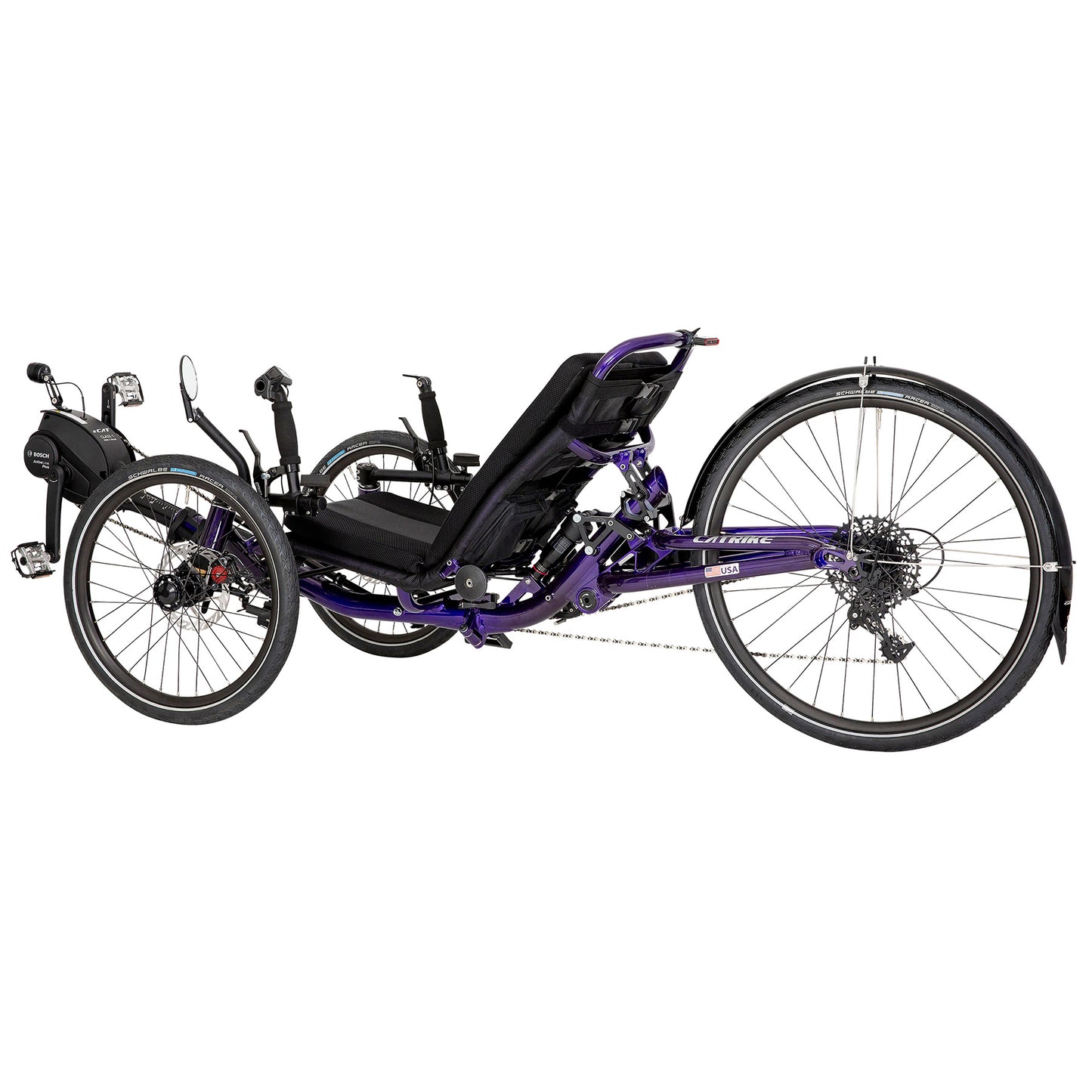 Non-drive-side view of a Dumont e-Cat Recumbent Trike with Bosch BES3 e-assist in Candy Purple against a white background.