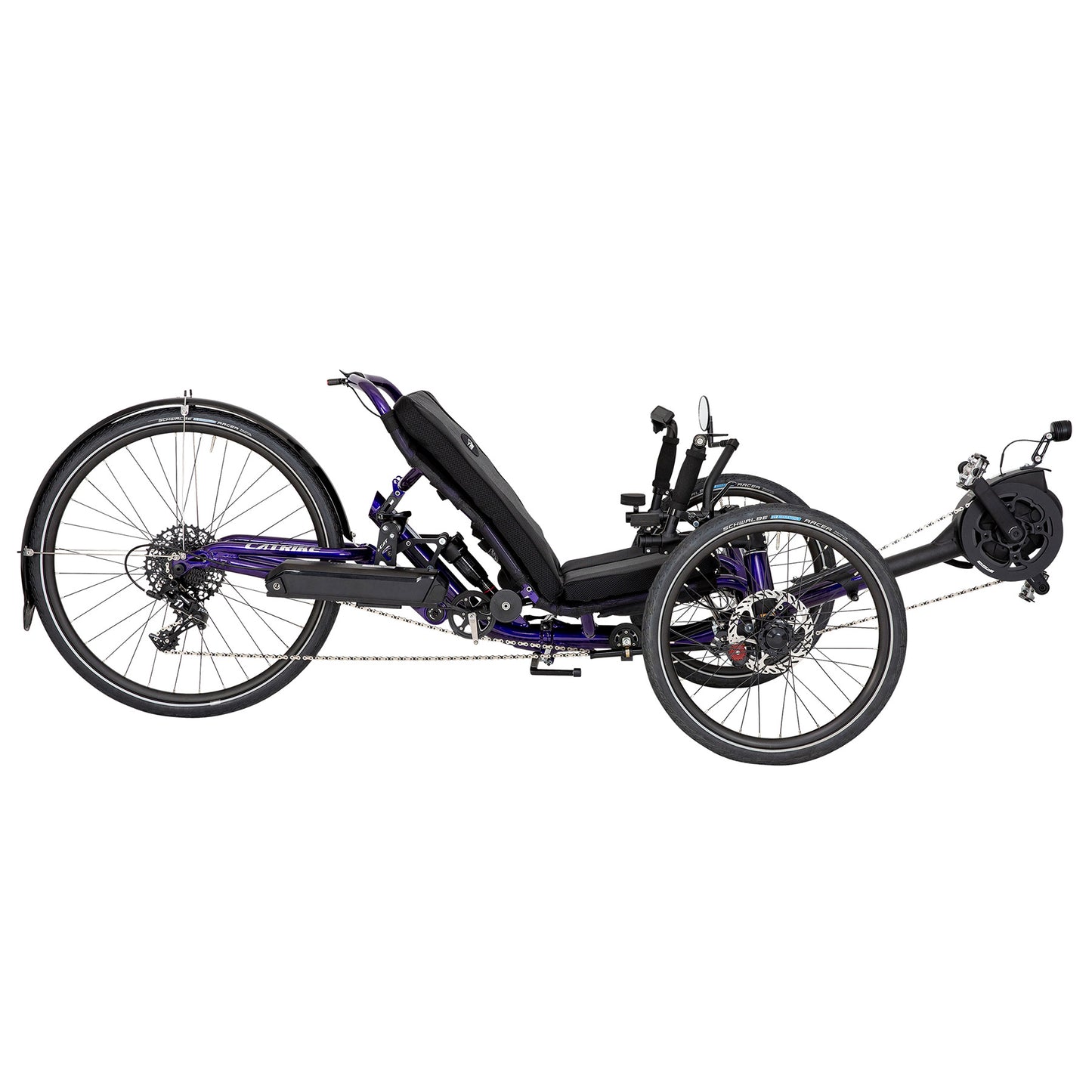 Side view of a Dumont e-Cat Recumbent Trike with Bosch BES3 e-assist in Candy Purple against a white background.