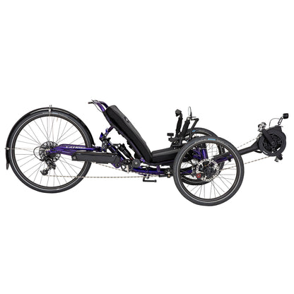 Side view of a Dumont e-Cat Recumbent Trike with Bosch BES3 e-assist in Candy Purple against a white background.