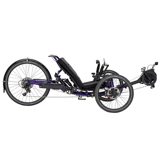 Side view of a Dumont e-Cat Recumbent Trike with Bosch BES3 e-assist in Candy Purple against a white background.