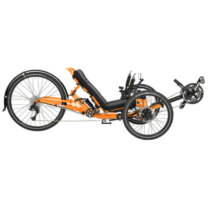 Side view of the Catrike Dumont Recumbent Trike in Atomic Orange against a white background.