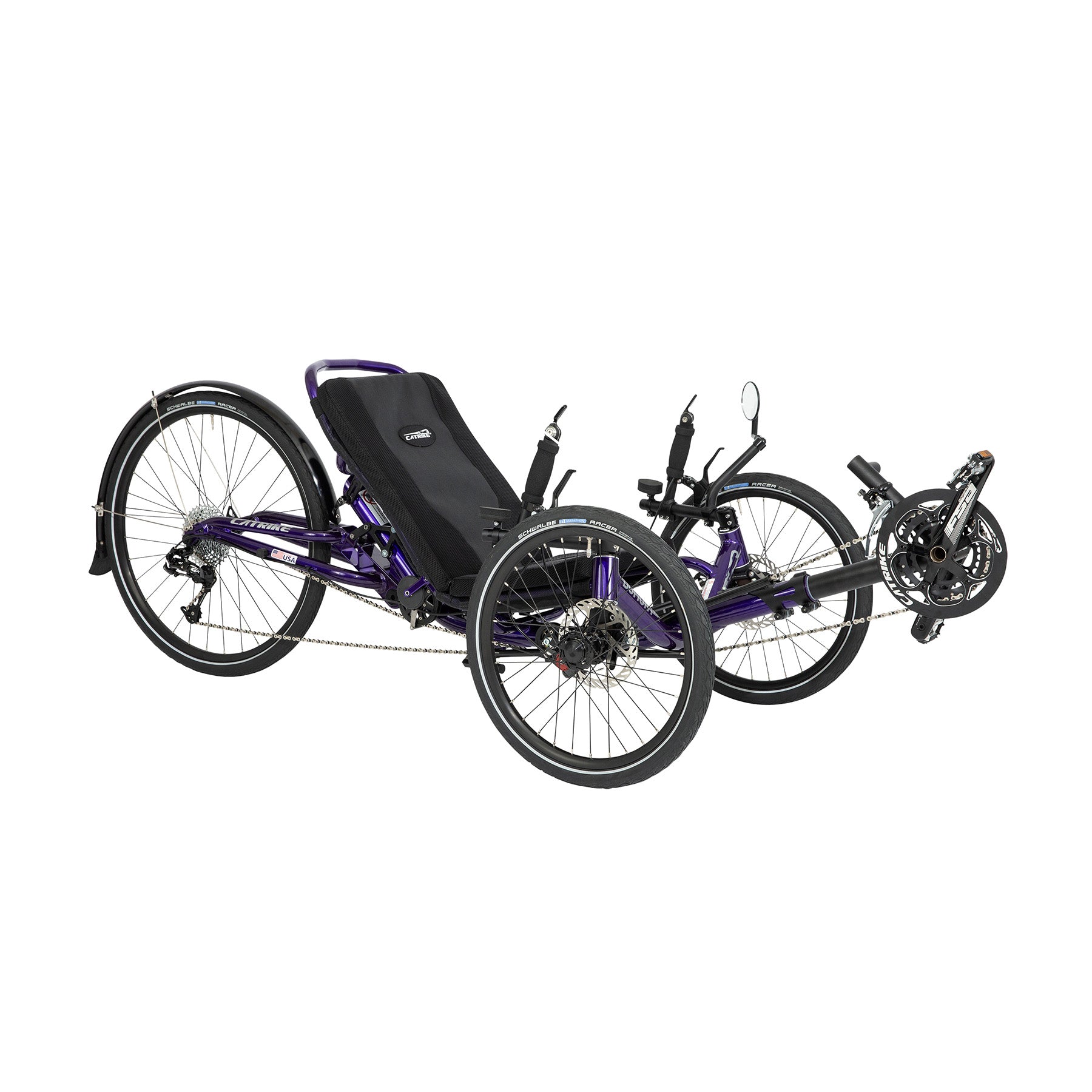 Front angled view of the Catrike Dumont Recumbent Trike in Candy Purple against a white background.