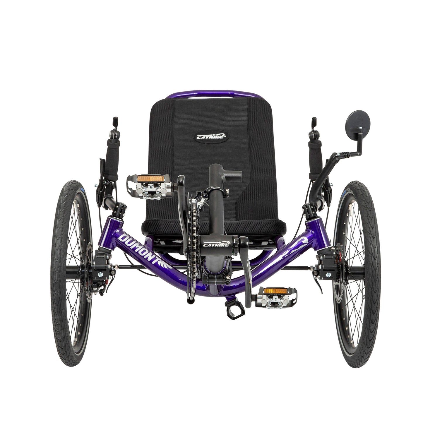 Front view of the Catrike Dumont Recumbent Trike in Candy Purple against a white background.