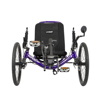 Front view of the Catrike Dumont Recumbent Trike in Candy Purple against a white background.