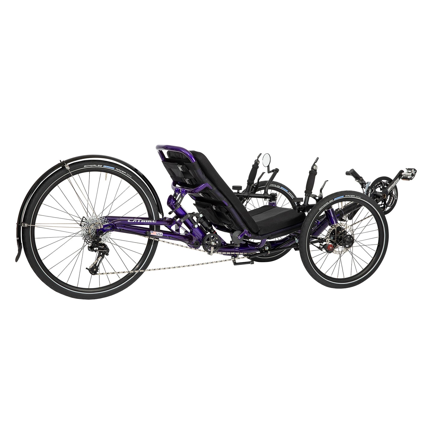 Rear angled view of the Catrike Dumont Recumbent Trike in Candy Purple against a white background.