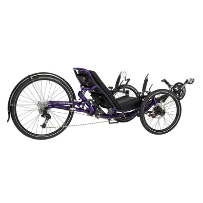 Rear angled view of the Catrike Dumont Recumbent Trike in Candy Purple against a white background.