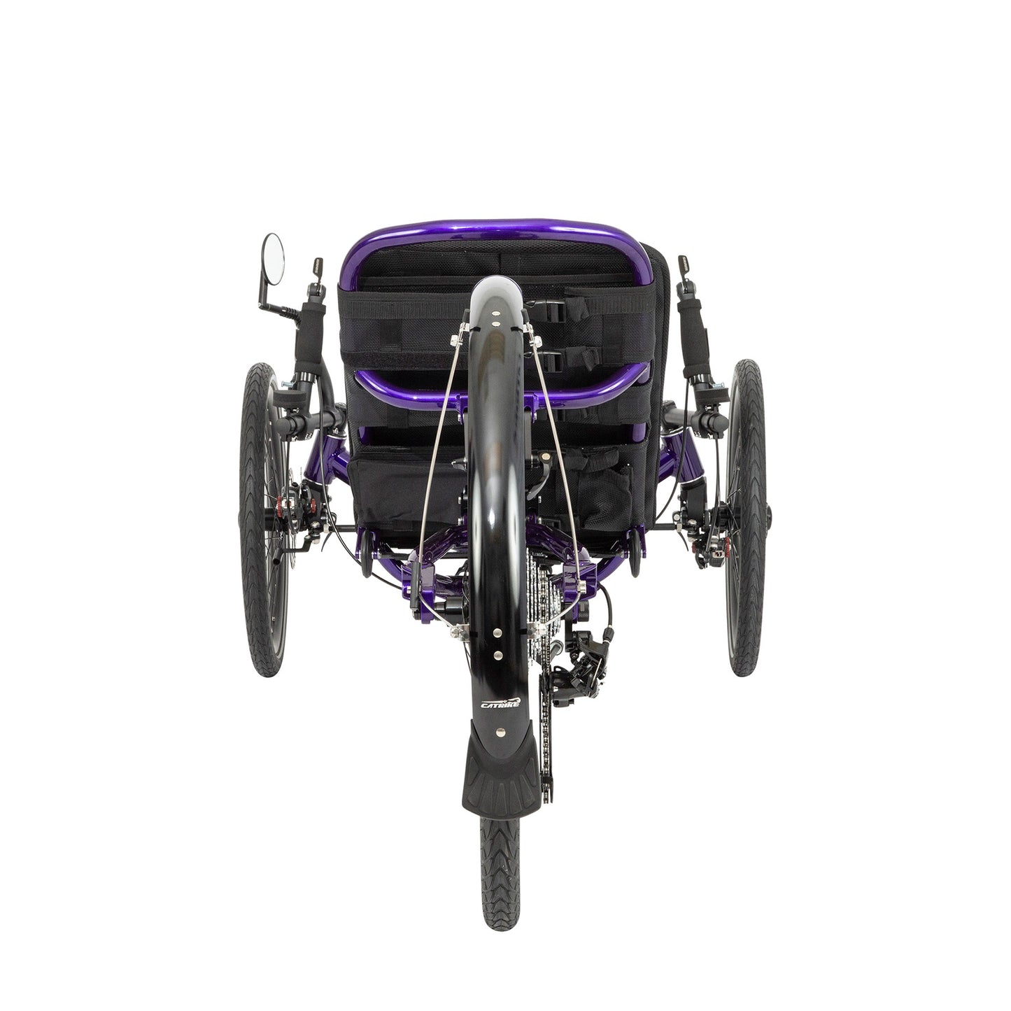 Rear view of the Catrike Dumont Recumbent Trike in Candy Purple against a white background.
