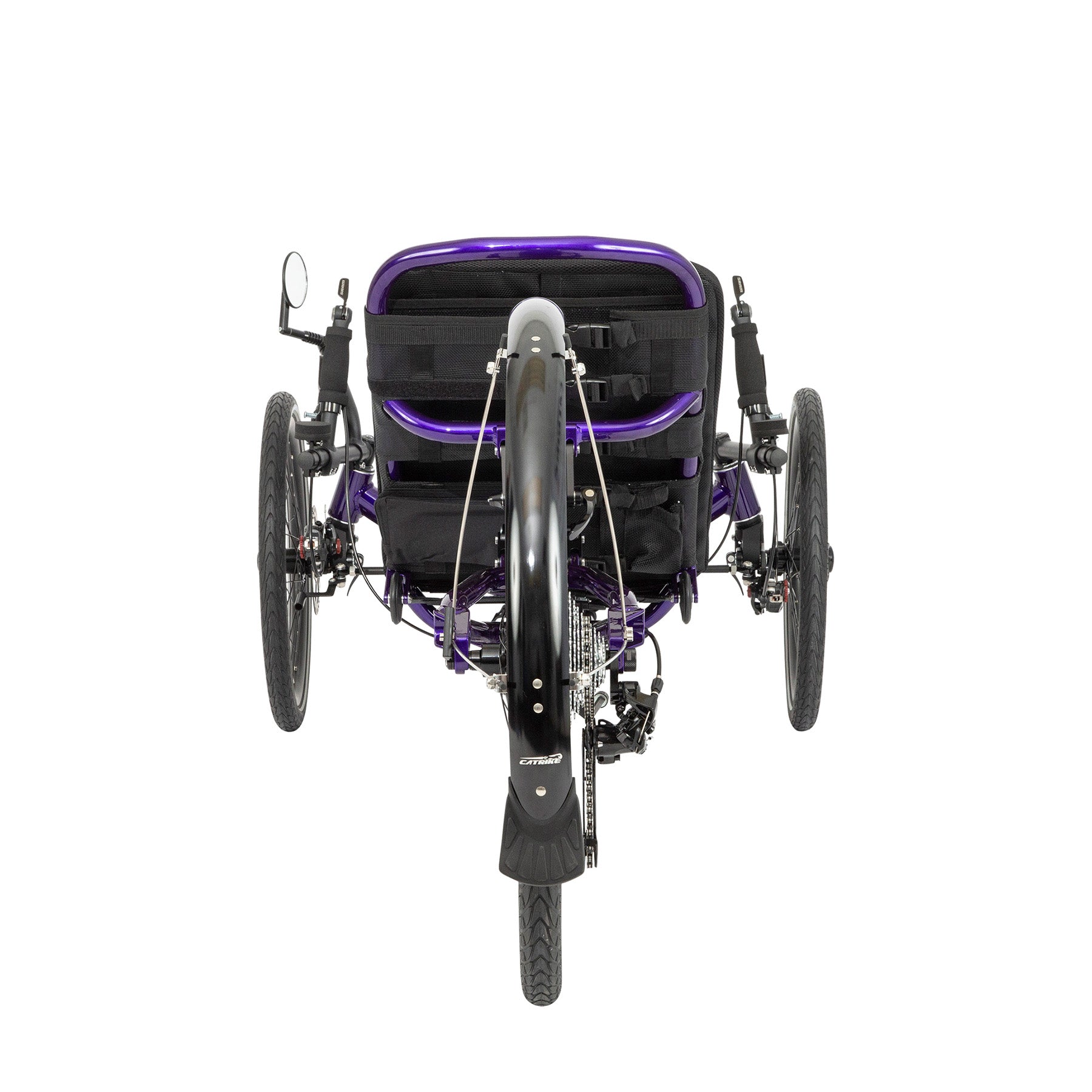 Rear view of the Catrike Dumont Recumbent Trike in Candy Purple against a white background.