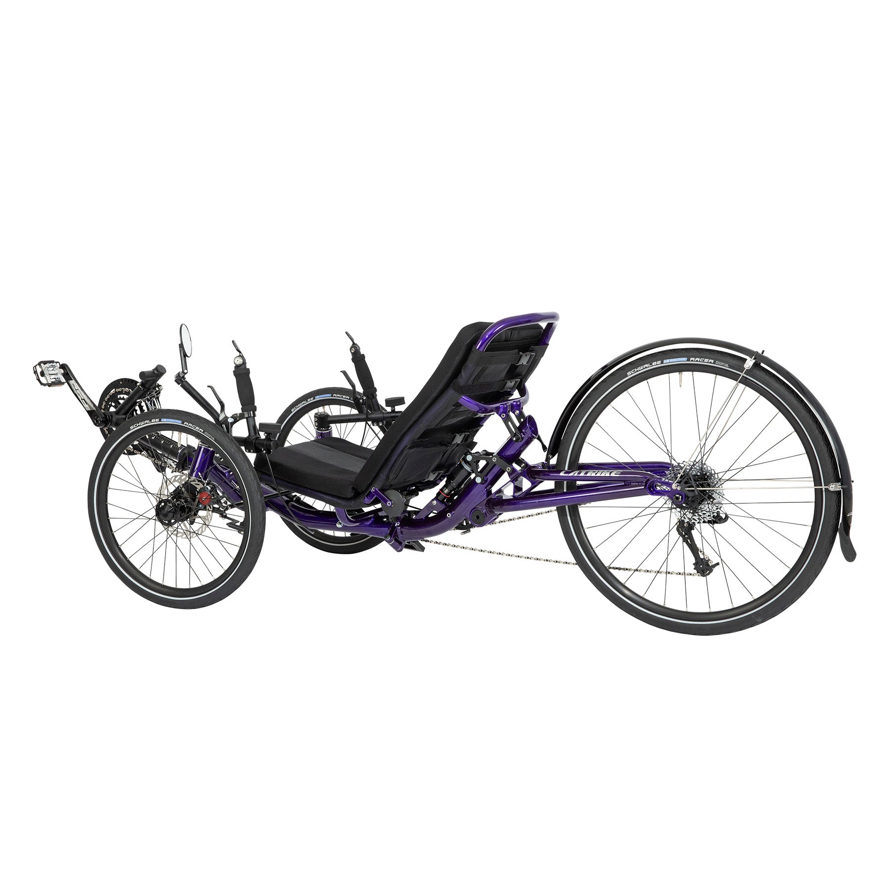 Rear angled non-drive-side view of the Catrike Dumont Recumbent Trike in Candy Purple against a white background.